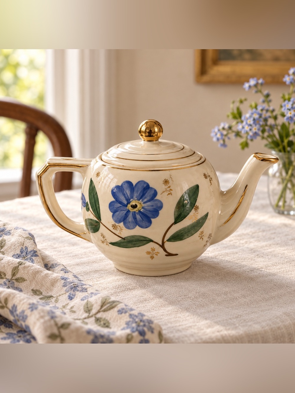 Blue Floral Gold Trim Ceramic Teapot